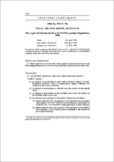 The Legal Aid (Scotland) (Fees in Civil Proceedings) Regulations 1984