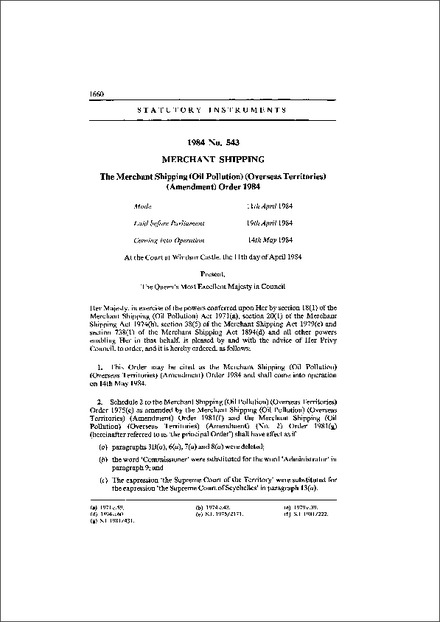 The Merchant Shipping (Oil Pollution) (Overseas Territories) (Amendment) Order 1984