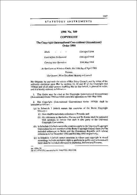 The Copyright (International Conventions) (Amendment) Order 1984