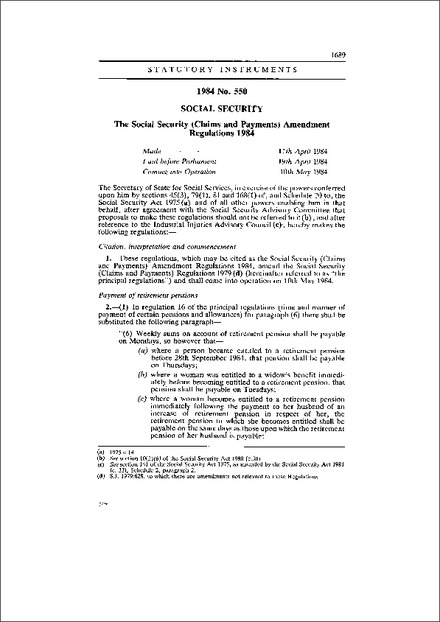 The Social Security (Claims and Payments) Amendment Regulations 1984