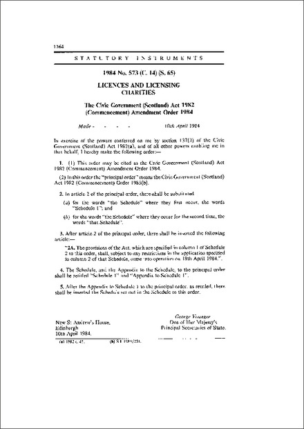 The Civic Government (Scotland) Act 1982 (Commencement) Amendment Order 1984