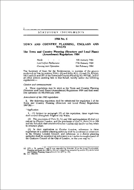 The Town and Country Planning (Structure and Local Plans) (Amendment) Regulations 1984