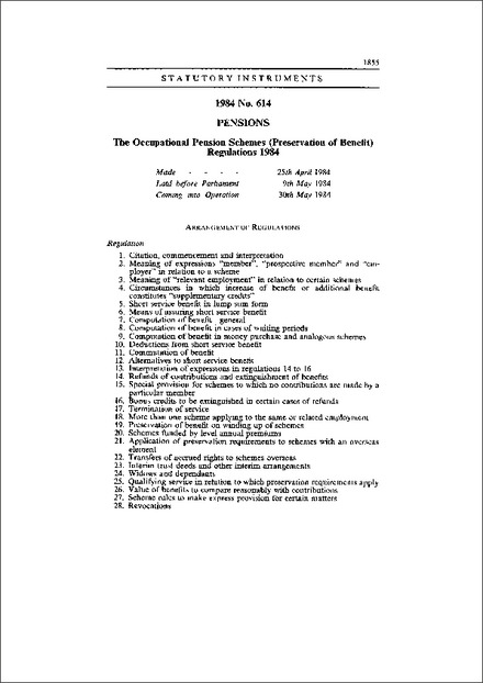 The Occupational Pension Schemes (Preservation of Benefit) Regulations 1984