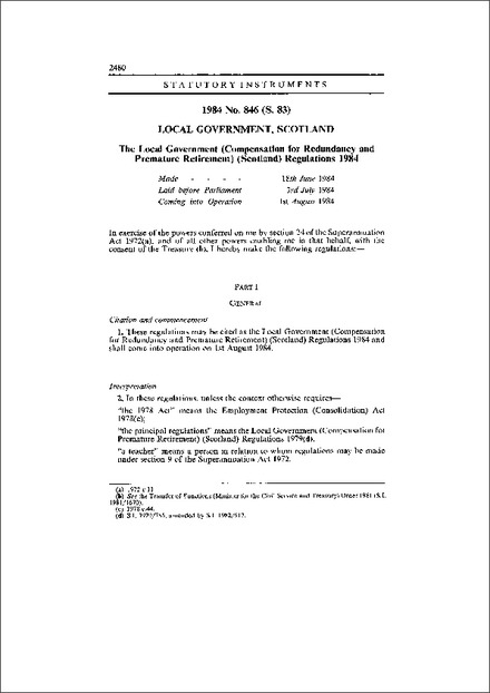 The Local Government (Compensation for Redundancy and Premature Retirement) (Scotland) Regulations 1984