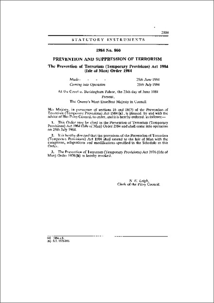 The Prevention of Terrorism (Temporary Provisions) Act 1984 (Isle of Man) Order 1984