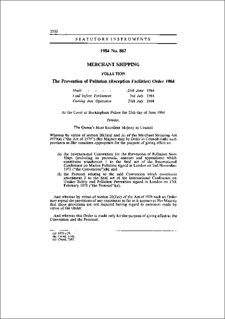 The Prevention of Pollution (Reception Facilities) Order 1984