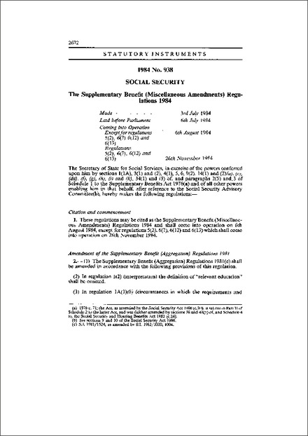 The Supplementary Benefit (Miscellaneous Amendments) Regulations 1984
