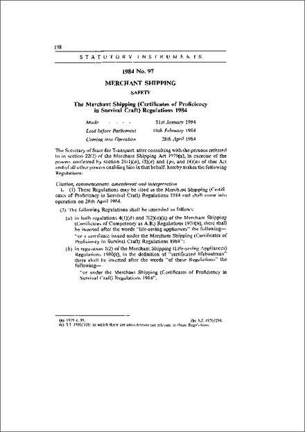 The Merchant Shipping (Certificates of Proficiency in Survival Craft) Regulations 1984