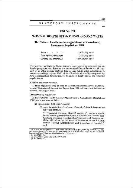 The National Health Service (Appointment of Consultants) Amendment Regulations 1984