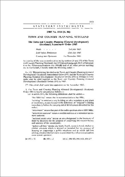The Town and Country Planning (General Development) (Scotland) Amendment Order 1985