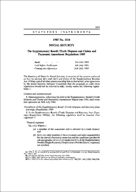 The Supplementary Benefit (Trade Disputes and Claims and Payments) Amendment Regulations 1985