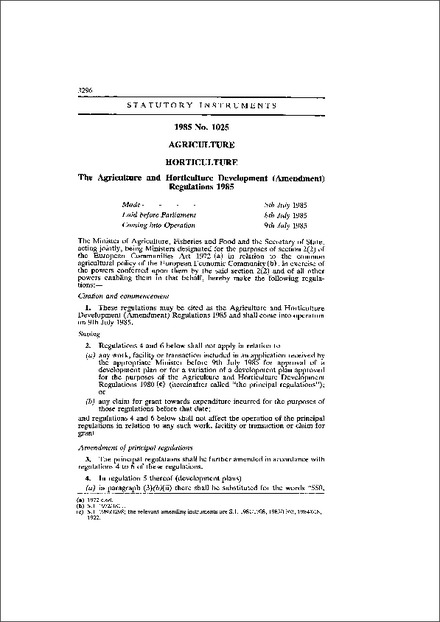 The Agriculture and Horticulture Development (Amendment) Regulations 1985