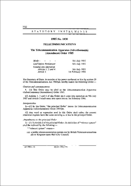 The Telecommunication Apparatus (Advertisements) (Amendment) Order 1985