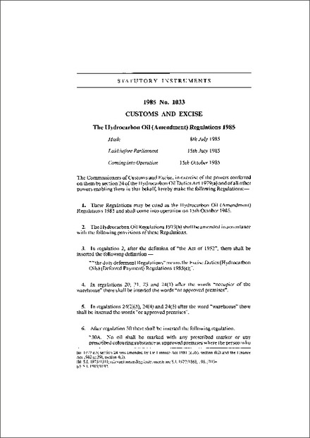 The Hydrocarbon Oil (Amendment) Regulations 1985
