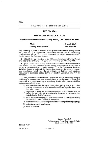 The Offshore Installations (Safety Zones) (No. 59) Order 1985