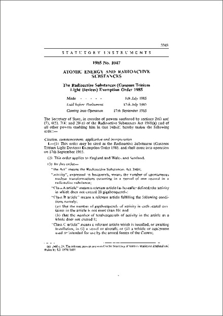 The Radioactive Substances (Gaseous Tritium Light Devices) Exemption Order 1985