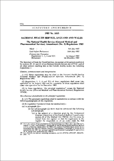 The National Health Service (General Medical and Pharmaceutical Services) Amendment (No. 5) Regulations 1985