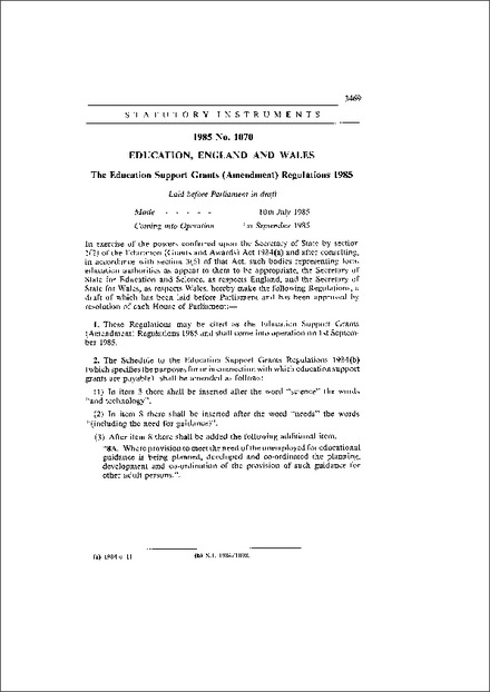 The Education Support Grants (Amendment) Regulations 1985