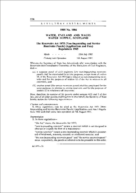 The Reservoirs Act 1975 (Non-Impounding and Service Reservoirs Panels) (Applications and Fees) Regulations 1985