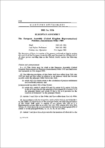 The European Assembly (United Kingdom Representatives) Pensions (Amendment) Order 1985