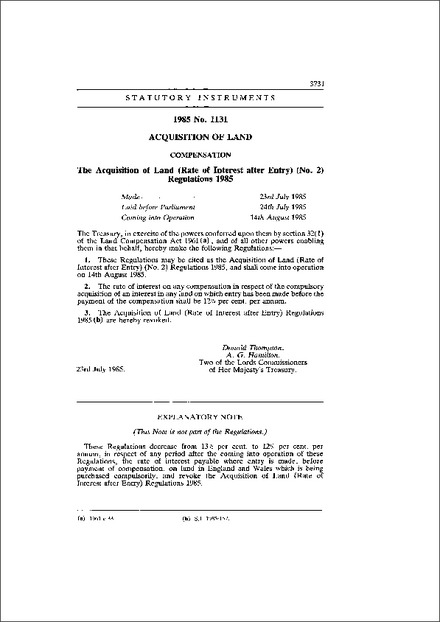 The Acquisition of Land (Rate of Interest after Entry) (No. 2) Regulations 1985