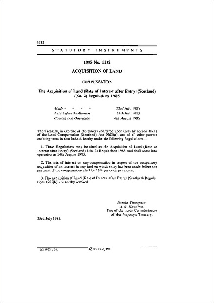 The Acquisition of Land (Rate of Interest after Entry) (Scotland) (No. 2) Regulations 1985