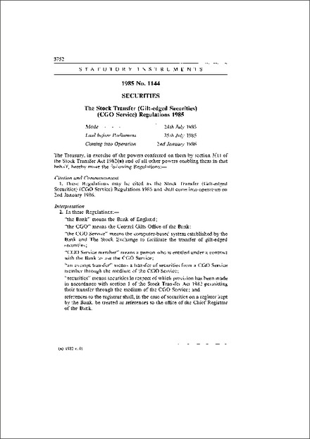 The Stock Transfer (Gilt-edged Securities) (CGO Service) Regulations 1985