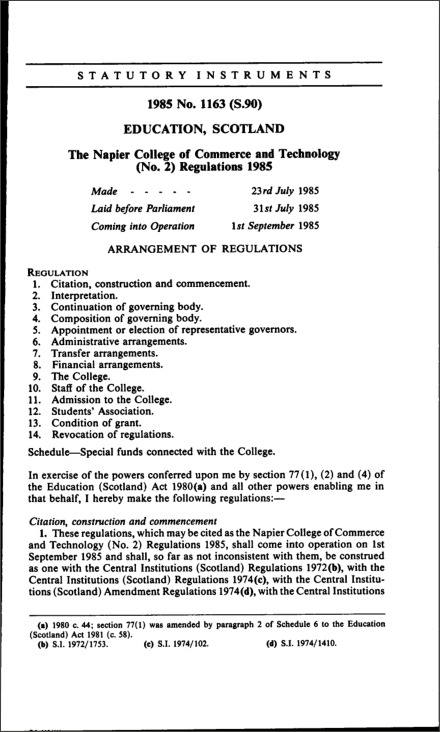 The Napier College of Commerce and Technology (No. 2) Regulations 1985