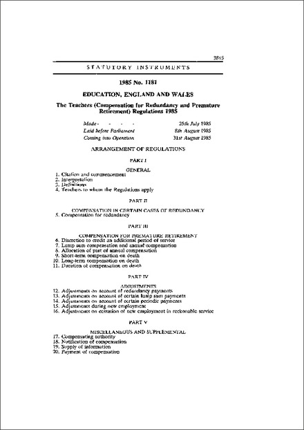 The Teachers (Compensation for Redundancy and Premature Retirement) Regulations 1985