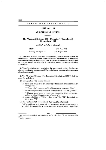 The Merchant Shipping (Fire Protection) (Amendment) Regulations 1985