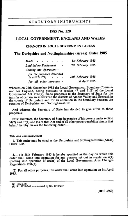 The Derbyshire and Nottinghamshire (Areas) Order 1985