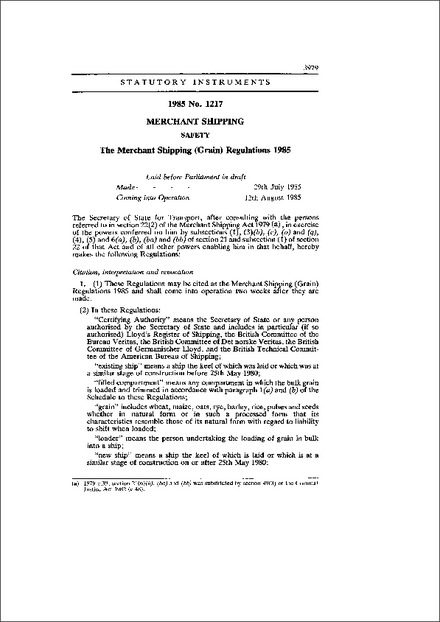 The Merchant Shipping (Grain) Regulations 1985