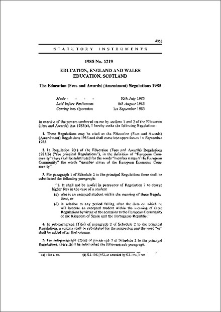 The Education (Fees and Awards) (Amendment) Regulations 1985