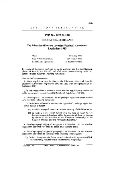 The Education (Fees and Awards) (Scotland) Amendment Regulations 1985