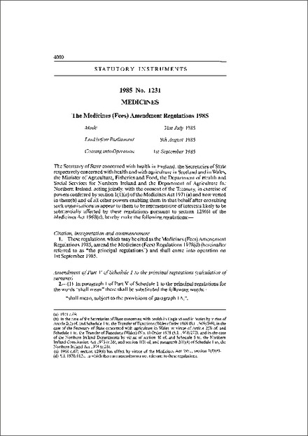 The Medicines (Fees) Amendment Regulations 1985