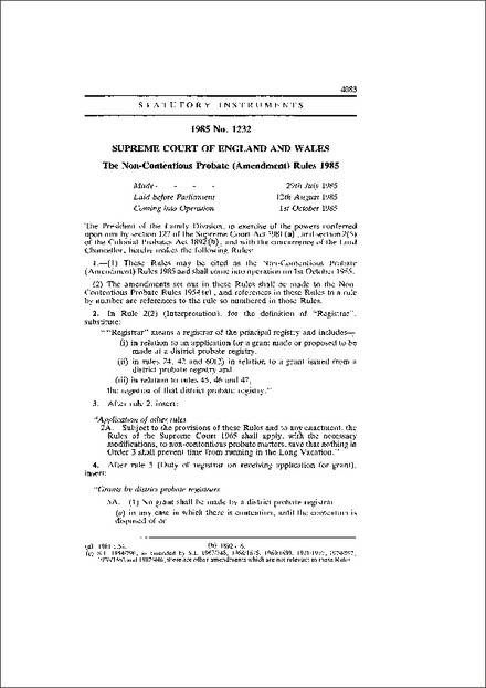 The Non-Contentious Probate (Amendment) Rules 1985