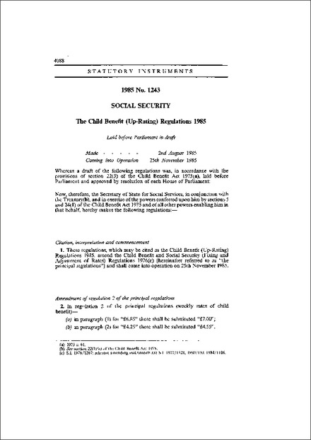 The Child Benefit (Up-Rating) Regulations 1985