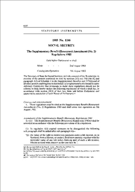 The Supplementary Benefit (Resources) Amendment (No. 2) Regulations 1985
