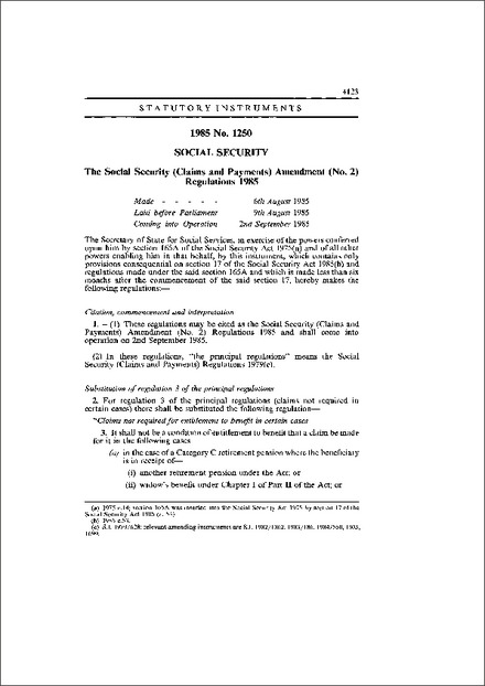 The Social Security (Claims and Payments) Amendment (No. 2) Regulations 1985
