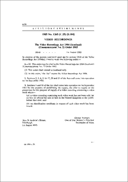 The Video Recordings Act 1984 (Scotland) (Commencement No. 2) Order 1985