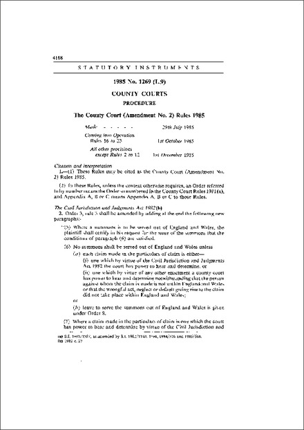 The County Court (Amendment No. 2) Rules 1985