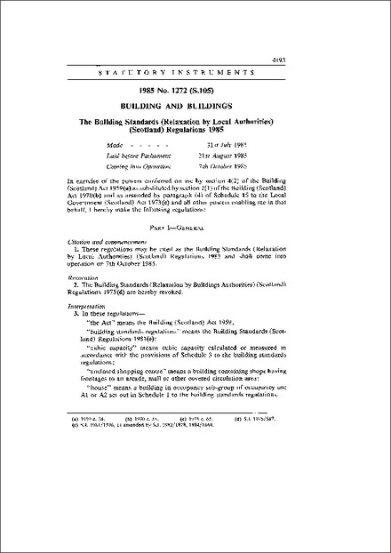 The Building Standards (Relaxation by Local Authorities) (Scotland) Regulations 1985