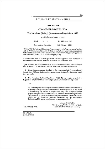 The Novelties (Safety) (Amendment) Regulations 1985
