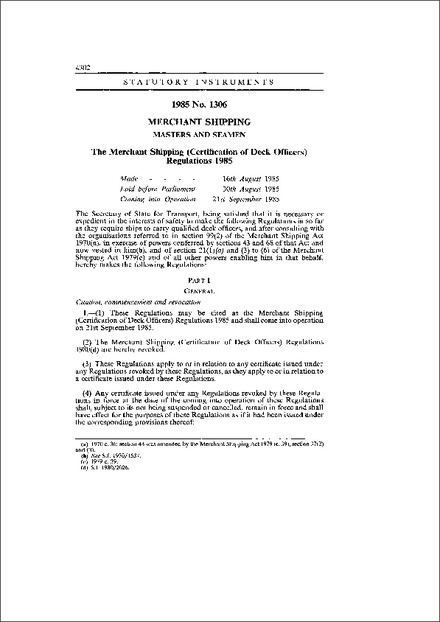 The Merchant Shipping (Certification of Deck Officers) Regulations 1985