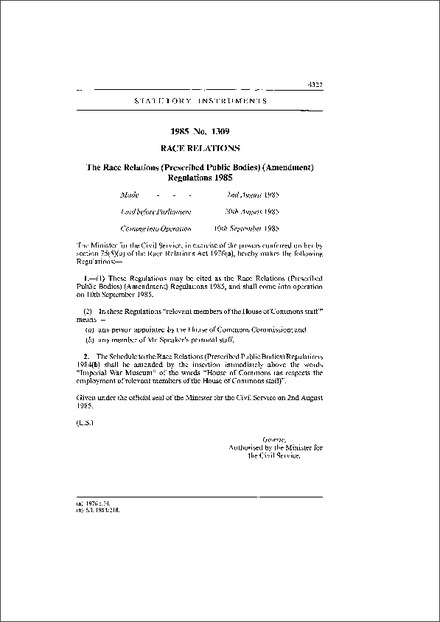 The Race Relations (Prescribed Public Bodies) (Amendment) Regulations 1985