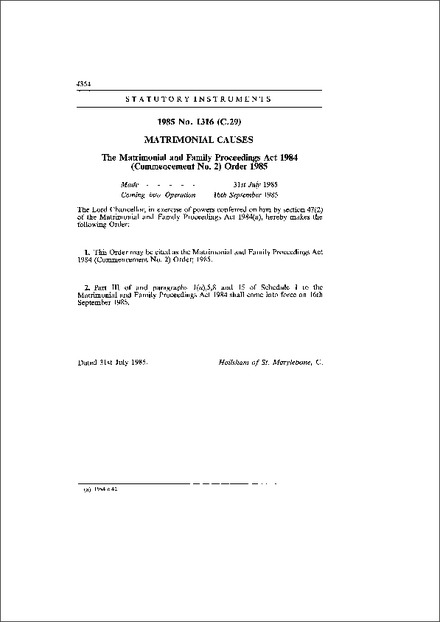 The Matrimonial and Family Proceedings Act 1984 (Commencement No. 2) Order 1985