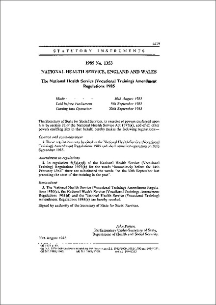 The National Health Service (Vocational Training) Amendment Regulations 1985
