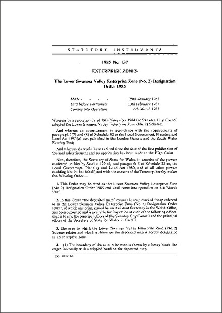 The Lower Swansea Valley Enterprise Zone (No. 2) Designation Order 1985