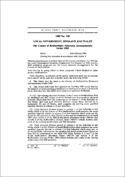 The County of Bedfordshire (Electoral Arrangements) Order 1985