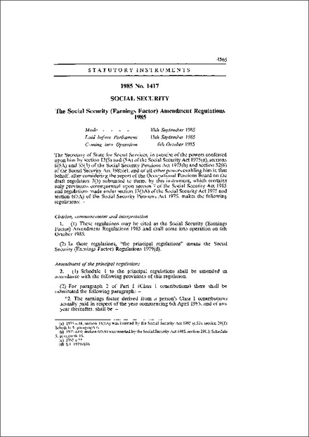 The Social Security (Earnings Factor) Amendment Regulations 1985